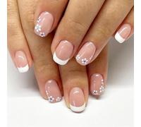 White French Tip Press On Nails - Short Square Fake Nails with Floral Design, 24Pcs Full Cover Acrylic False Nails with Jelly Stickers, Natural Fit, Easy DIY for Daily Wear & Events