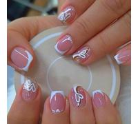 White French Tip Press on Nails Short Square Fake Nails with Glitters Line Heart Design Glossy Glue on Nails Pink Nail Tips Full Cover False Nails Artificial Acrylic Nails for Women Girls 24Pcs