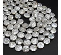 White Freshwater Button, Coin Shaped Round Pearl Beads - 15mm - 16mm - 14'' Strand