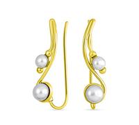 White Freshwater Cultured Pearl Wire Ear Pin Climbers Earrings For Women Round Crawlers Gold Plated Sterling Silver