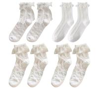 White Frilly Socks 4 Pairs with Bow and Lace Trim for Women, Girls - Ankle Ruffle Socks for Casual Wedding, Costume Party