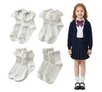 White Frilly Socks Girls 4 Designs, Girls White School Uniform Socks for Ages 6-8 Breathable Kids Communion Socks for School, Daily & Party Wear