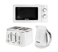 Geepas Electric Kettle 4 Slice Bread Toaster & Microwave Kitchen Set | 2200W 1.7L Textured Cordless Kettle | 1750W Toaster with 7 Level Browning Control | 700W Solo Manual Dial Microwave 20L | White