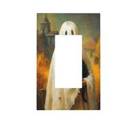 White Ghost Holding Black Cat Church and Graveyard Light Switch Wall Plate Faceplate Cover Single Rocker 1 Gang Decorator Outlet Receptacle Covers for Home Kitchen Room Bathroom Decor