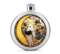 White Ghost Reading on Yellow Moon Stainless Steel Hip Flask for Liquor, Round Pocket Portable Wine Flask for Drink 5 Oz