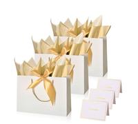 White Gift Bags for Presents,3P Medium Present Bags with 6 Metallic Gold Tissue/3 Card,Personalised Birthday Gift Paper Bag with Ribbon,28*20*10 Wrapping Bag for Christmas White Wedding Gift Party Bag