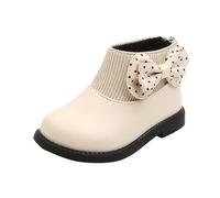 White Girls Polka Dot Bow Boot Kids Walking Boots Back Zipper Ankle-high Faux Leather Knit Panel School Shoes Cute Round Toe Lightweight Winter Hiking Footwear UK Size 9