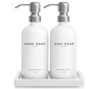 White Glass Hand and Dish Soap Dispenser Set by Brighter Barns - Kitchen Soap Dispenser Set with Tray & Pump for Office, Hotel, Vacation Rental, Airbnb - Modern Kitchen Decor & Accessories (White)