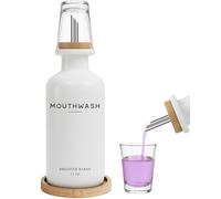 White Glass Mouthwash Dispenser for Bathroom by Brighter Barns - Mouth Wash Dispensers with Stainless Steel Spout, Mouthwash Cup, Tray - Minimalist Bathroom Decor for Hotel, Spa, Dental Office (White)