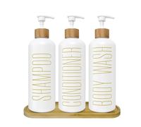 White Glass Shampoo & Conditioner Dispenser Set with Bamboo Pumps & Tray - 3 Refillable Bottles for Shower, Pre-Labelled for Body Wash, Shampoo, Conditioner - 16.9oz/500ml Each