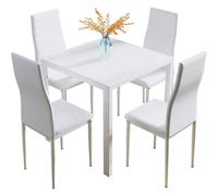 (White) Glass Table and Chairs Set 4, 75cm Square Table with 4 Faux Leather High Back Chairs Modern Dining Room Sets for Home Kitchen Office