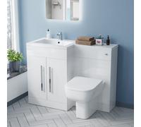 White Gloss LH Vanity Unit Basin Cabinet 1100mm and Rimless BTW Toilet