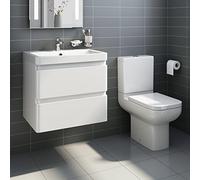 White Gloss Wall Hung Vanity Sink Unit Bathroom Furniture + Short Projection Toilet