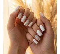 White Glossy Squoval False Nails with Silver Glitter & Chrome Edge - 24 Piece Full Cover Stick On Artificial Nails Kit for French Manicure Wedding Party Formal Events Bridal Prom
