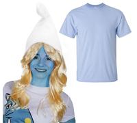 White Gnome Hat, Blue Face Paint, Blonde Wig & T-Shirt I Love Fancy Dress Blue Small