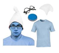 White Gnome Hat, Blue Face Paint, Glasses & T-Shirt I Love Fancy Dress Blue Medium
