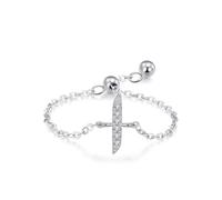 White Gold 18 Karat Wedding Rings, Women's Rings Adjustable Chain Arabic Alphabet Design with Round Moissanite Au750 White Gold Band Size T 1/2
