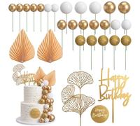 White Gold Balls Cake Toppers, Paper Palm Fan Cake Topper Balls Cake Pick, Champagne Rose Cake Decoration, Boho Birthday Cake Decoration Balloon Cake Insert for Wedding Baby Shower Party Anniversary