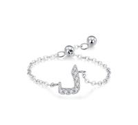 White Gold Band Rings for Women, Eternity Band Adjustable Chain Arabic Alphabet Design with Round Moissanite 9K White Gold Ring