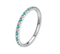 White Gold Band Rings for Women, Pretty Rings 9K 1.63mm Dainty Stackable Thin with Green Round Emerald Size S 1/2