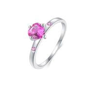 White Gold Bands for Women 9K, Women's Ring with Pink Heart Shape Cubic Zirconia Size N 1/2