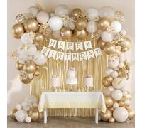 White Gold Beige Birthday Decorations Kit 64Pcs - Balloon Arch with Happy Birthday Banner, Neutral Champagne Sand Party Decor Set with Confetti Balloons, Fringe Curtain, Butterfly