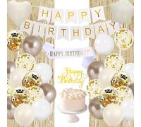 White Gold Birthday Decorations, Beige Cream Balloon Party Decora Happy Birthday Banner, Champagne Fringe Curtain, Sash, Star Heart Foil Balloons for GirlMen Boho Baby Shower Birthday Party Supplies