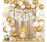 White Gold Birthday Decorations, White Cream Sand Beige Happy Birthday Decorations With Latex Helium Balloon Champagne Fringe Curtain Cake Topper Triangle Flag Banner For Girl Woman Party Supplies