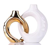 White Gold Ceramic Vase Set of 2 for Modern Home Decor,Round Boho Vase for Pampas Grass,Neutral Minimalist Statue for Dining Room Table Centerpiece Dining Room,Wedding Table Decoration
