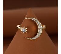 (white) Gold Color Men Women Moon Star Adjustable Ring Crescent White Stone Opening Ring Jewelry
