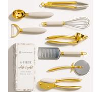 White & Gold Cooking Utensils Set - Luxe 8-Piece Kitchen Gadget Set Includes Can Opener, Tongs and Garlic Press - Stylish White and Gold Kitchen Accessories for Modern Kitchens, Ideal for Gifting