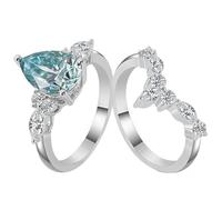 White Gold Fashion Rings for Women, Engagement Ring Vintage 14K White Gold 2 Bands Set with Pear Shape Light Blue Moissanit 2ct for Proposal Wedding Promise Size Q 1/2