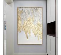 White Gold Feather Leaf Large Luxury Wall Art Framed Canvas Poster Print Abstract Picture for Living Room Home Decor 60x92cm/24x36inch -with-Golden-Frame