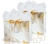 White Gold Gift Bags, 2PCS 13” Large Gift Bags with Tissue Paper and Greeting Cards, Gift Bag with Handles Bow for Women Girls, White Gift Bags for Birthday Wedding Bridal Baby Shower Anniversaries