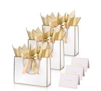White Gold Gift Bags for Presents,3P Medium Present Bags with 6 Metallic Gold Tissue/3 Card,Personalised Birthday Gift Paper Bag with Ribbon,28*20*10 Wrapping Bag for Christmas Wedding Gift Party Bag