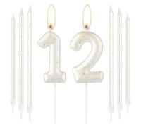 White Gold Happy 12th Birthday Candle, Gold Number 12 Candles for Birthday Cake, White Gold Birthday Candle Cake Topper for Boys Girls 12th Birthday Cake Decorations, Wedding Anniversary Supplies