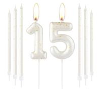 White Gold Happy 15th Birthday Candle, Gold Number 15 Candles for Birthday Cake, White Gold Birthday Candle Cake Topper for Boys Girls 15th Birthday Cake Decorations, Wedding Anniversary Supplies