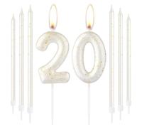 White Gold Happy 20th Birthday Candle, Gold Number 20 Candles for Birthday Cake, White Gold Birthday Candle Cake Topper for Boys Girls 20th Birthday Cake Decorations, Wedding Anniversary Supplies
