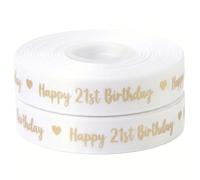 White & Gold Happy 21st Birthday Ribbon 25mm x 2m Gift Wrap & Cake Decor