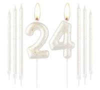 White Gold Happy 24th Birthday Candle, Gold Number 24 Candles for Birthday Cake, White Gold Birthday Candle Cake Topper for Boys Girls 24th Birthday Cake Decorations, Wedding Anniversary Supplies