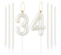 White Gold Happy 34th Birthday Candles, Gold Number 34 Candles for Birthday Cake, White Gold Birthday Candles Cake Topper for Women Men 34th Birthday Cake Decorations, Wedding Anniversary Supplies