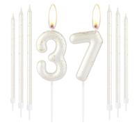 White Gold Happy 37th Birthday Candles, Gold Number 37 Candles for Birthday Cake, White Gold Birthday Candles Cake Topper for Women Men 37th Birthday Cake Decorations, Wedding Anniversary Supplies
