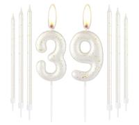 White Gold Happy 39th Birthday Candles, Number 39 for Cake, Topper for Women Men Birthday Decorations, Wedding Anniversary Supplies