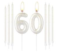 White Gold Happy 60th Birthday Candles, Number 60 Cake Topper for Women Men, Birthday Decorations, Wedding Anniversary Supplies