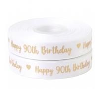 White & Gold Happy 90th Birthday Ribbon 25mm x 2m Gift Wrap & Cake Decor