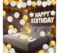White Gold Happy Birthday Balloons Decorations Cream White Gold Birthday Balloon Letters Banner with 6 Pcs Star Balloons White Artificial Rose Petal 24 Flameless LED Candles for Room Hotel Party Decor