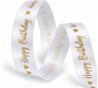 White & Gold Happy Birthday Ribbon 25mm x 2m Gift Wrap & Cake Decor | Sold in 2 metre lengths, ideal for birthday presents, party decorations, greeting cards, gift bags, balloons and crafts