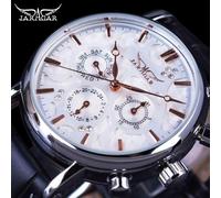 (white,gold) Jaragar Brand Men Automatic Self Wind Mechanical Watch White 3 Dials Calendar Blue Hands Simple Business Leather Band Wristwatch