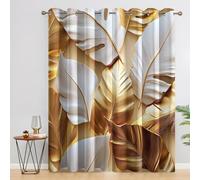 White Gold Leaf Curtains Blackout, 52x63 Inch 2 Panels - Tropical Leaves Modern Pattern Black Out Curtains, Home Decor, 63 Drop Eyelet Window Drapes for Bedroom, Living Room X&B-258