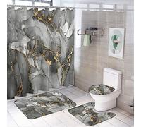White Gold Marble Shower Curtain Sets 4 Piece,Abstract Modern Art Luxury Gold Foil Geometric Design Marble Bathroom Decor Sets with Rugs Include Non-Slip Toilet Lid Cover Bath Mat